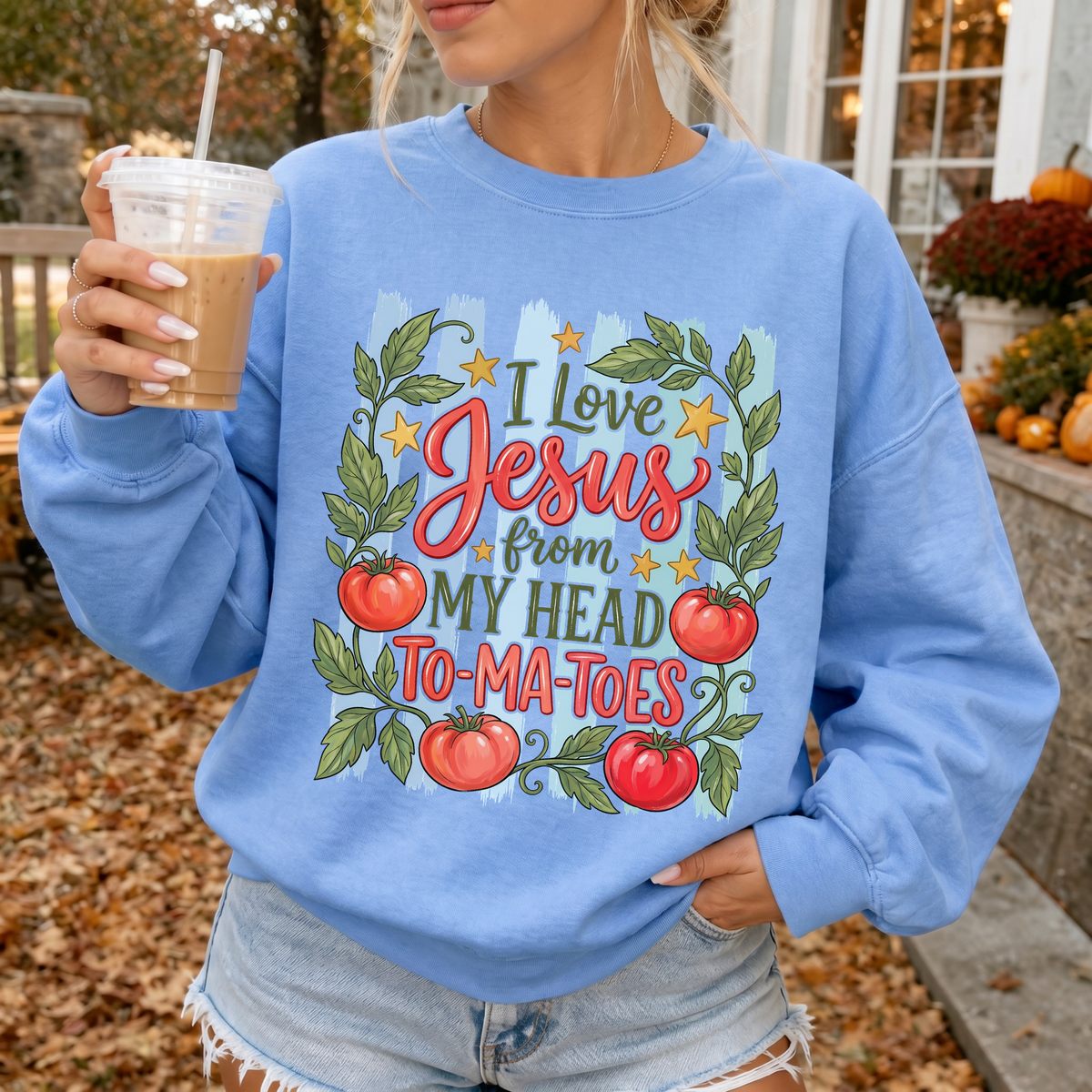 Woman wearing I Love Jesus Christian sweatshirt in Carolina Blue