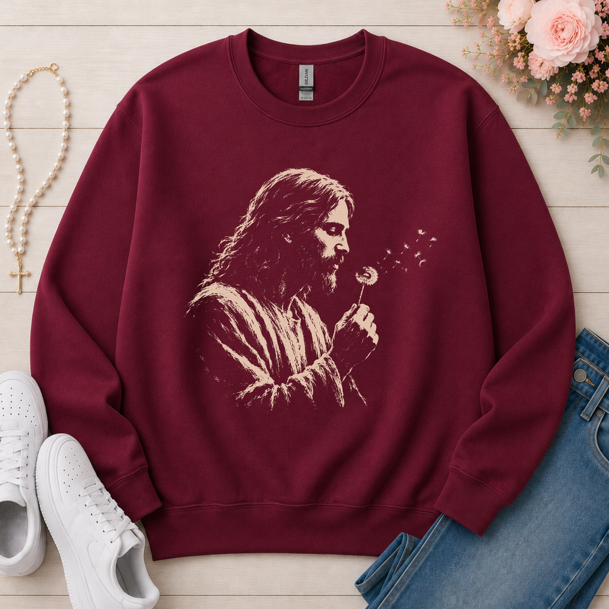 Jesus Dandelion Christian sweatshirt in Maroon