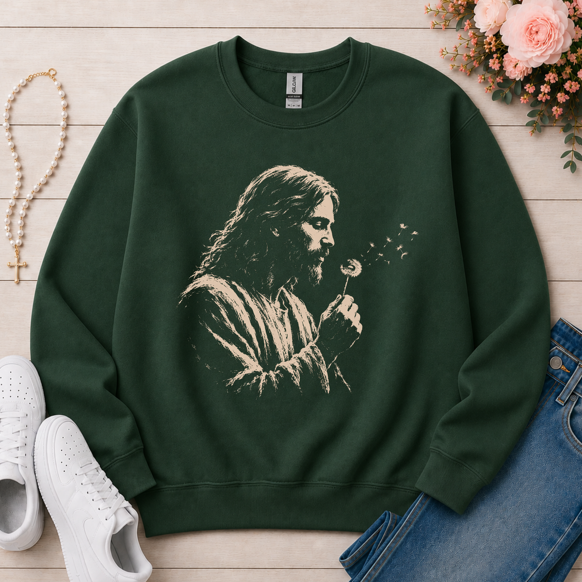 Jesus Dandelion Christian sweatshirt in Forest Green