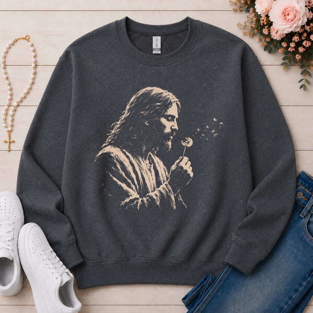 Jesus Dandelion Christian sweatshirt in Dark Heather