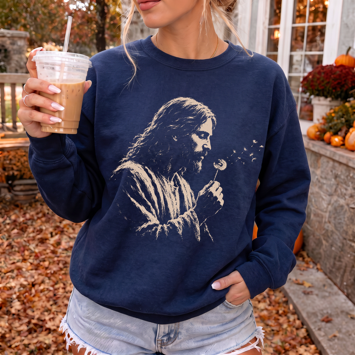 Woman wearing Jesus Dandelion Christian sweatshirt in Navy