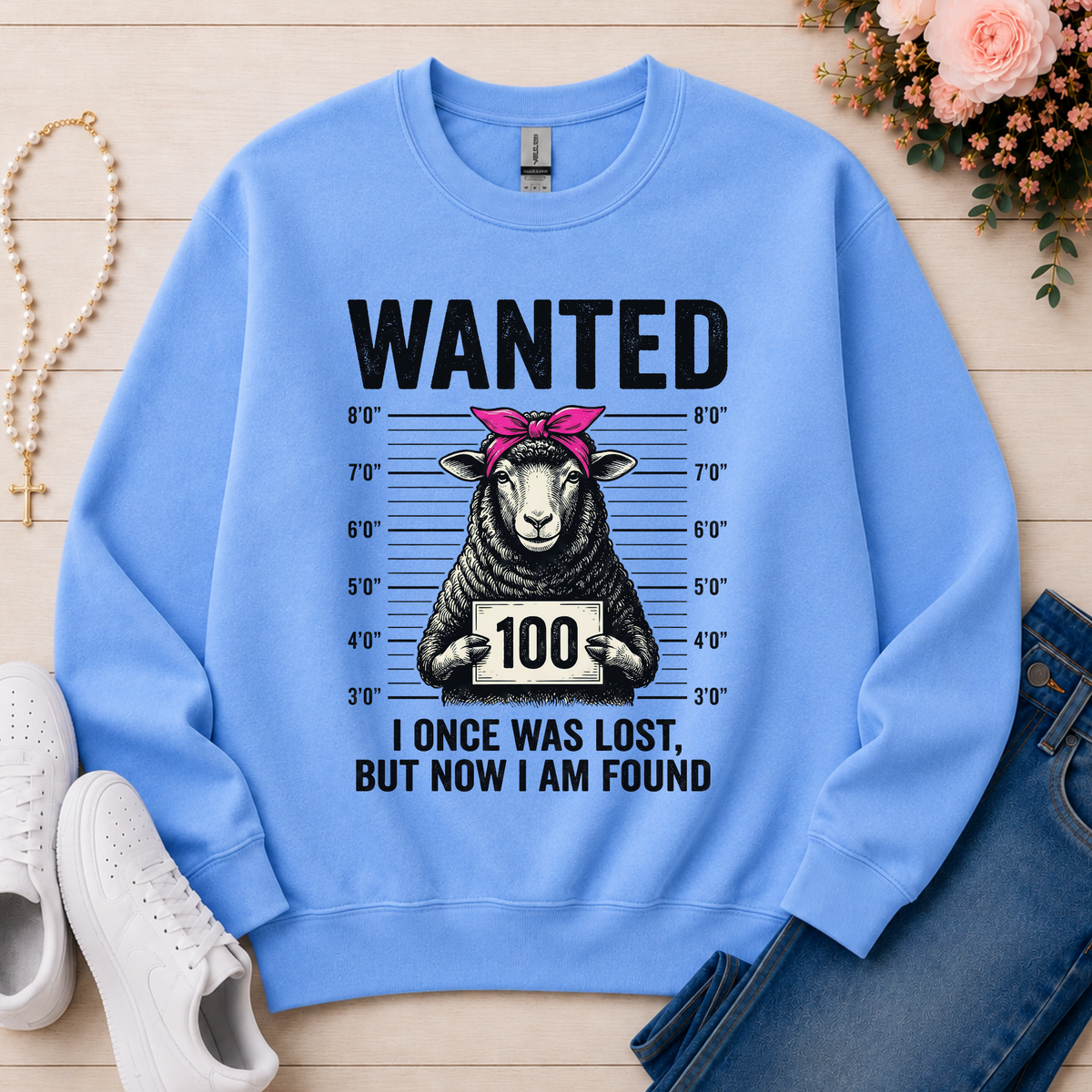 Wanted Sheep Lost But Found Christian sweatshirt in Carolina Blue