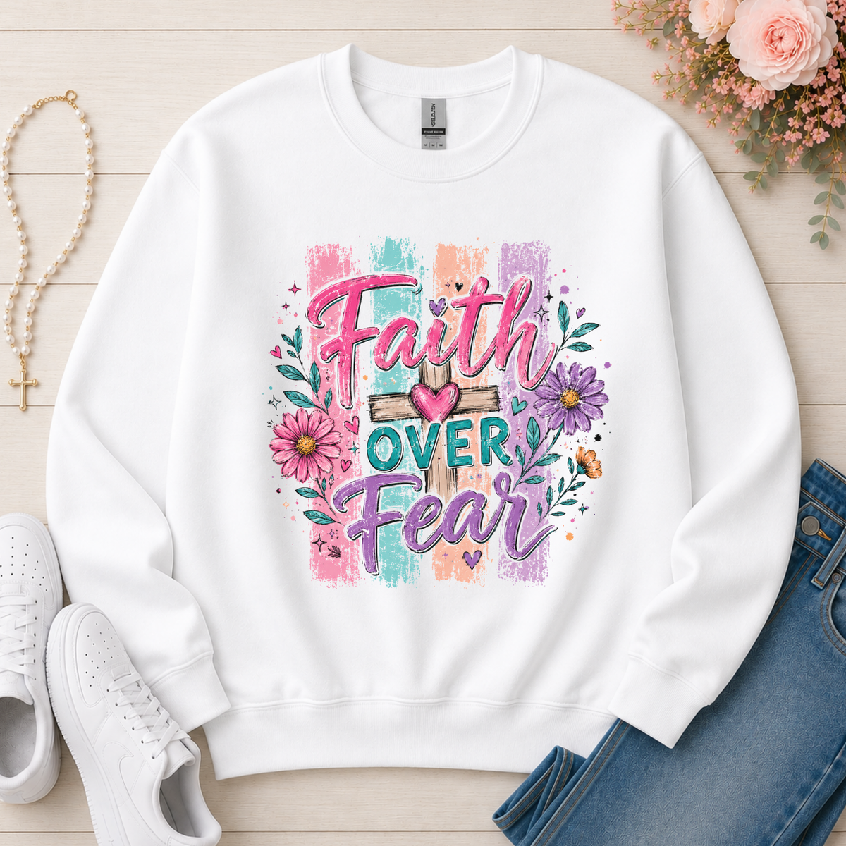 Faith Over Fear Christian sweatshirt in White