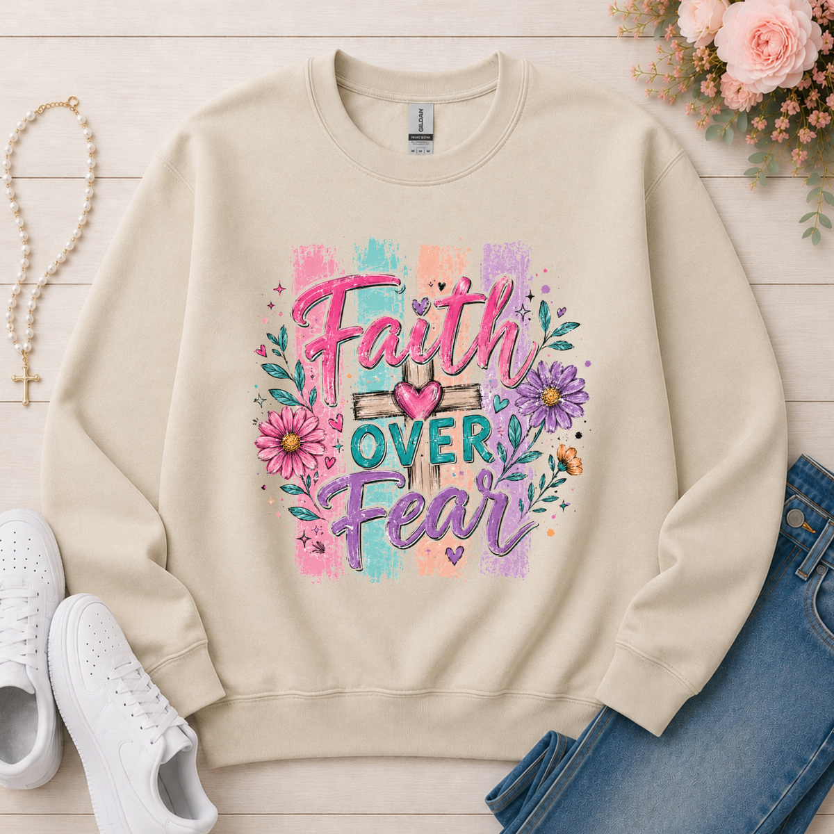 Faith Over Fear Christian sweatshirt in Sand