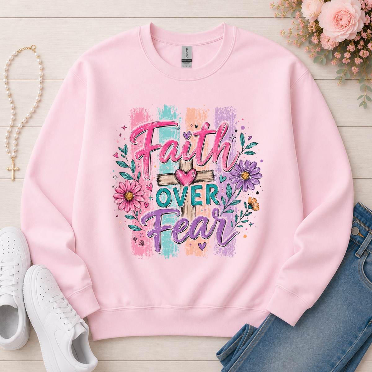 Faith Over Fear Christian sweatshirt in Light Pink
