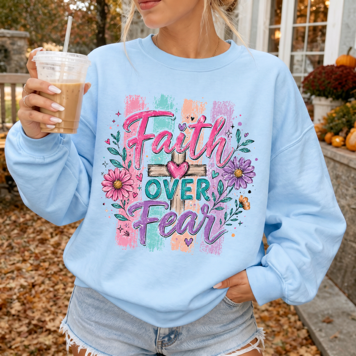 Woman wearing Faith Over Fear Christian sweatshirt in Light Blue