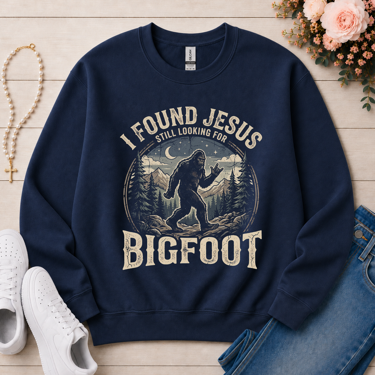 I Found Jesus Still Looking For Bigfoot Christian sweatshirt in Navy