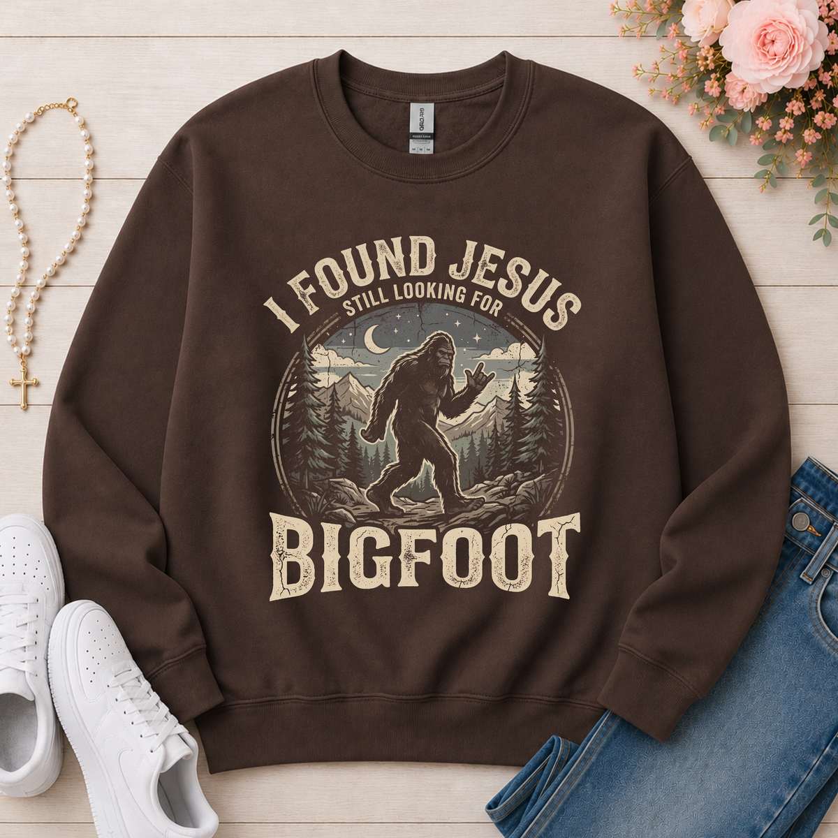 I Found Jesus Still Looking For Bigfoot Christian sweatshirt in Dark Chocolate