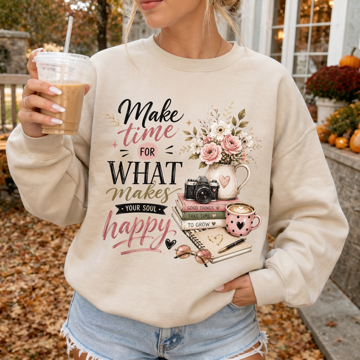 Woman wearing Make Time Christian sweatshirt in Sand