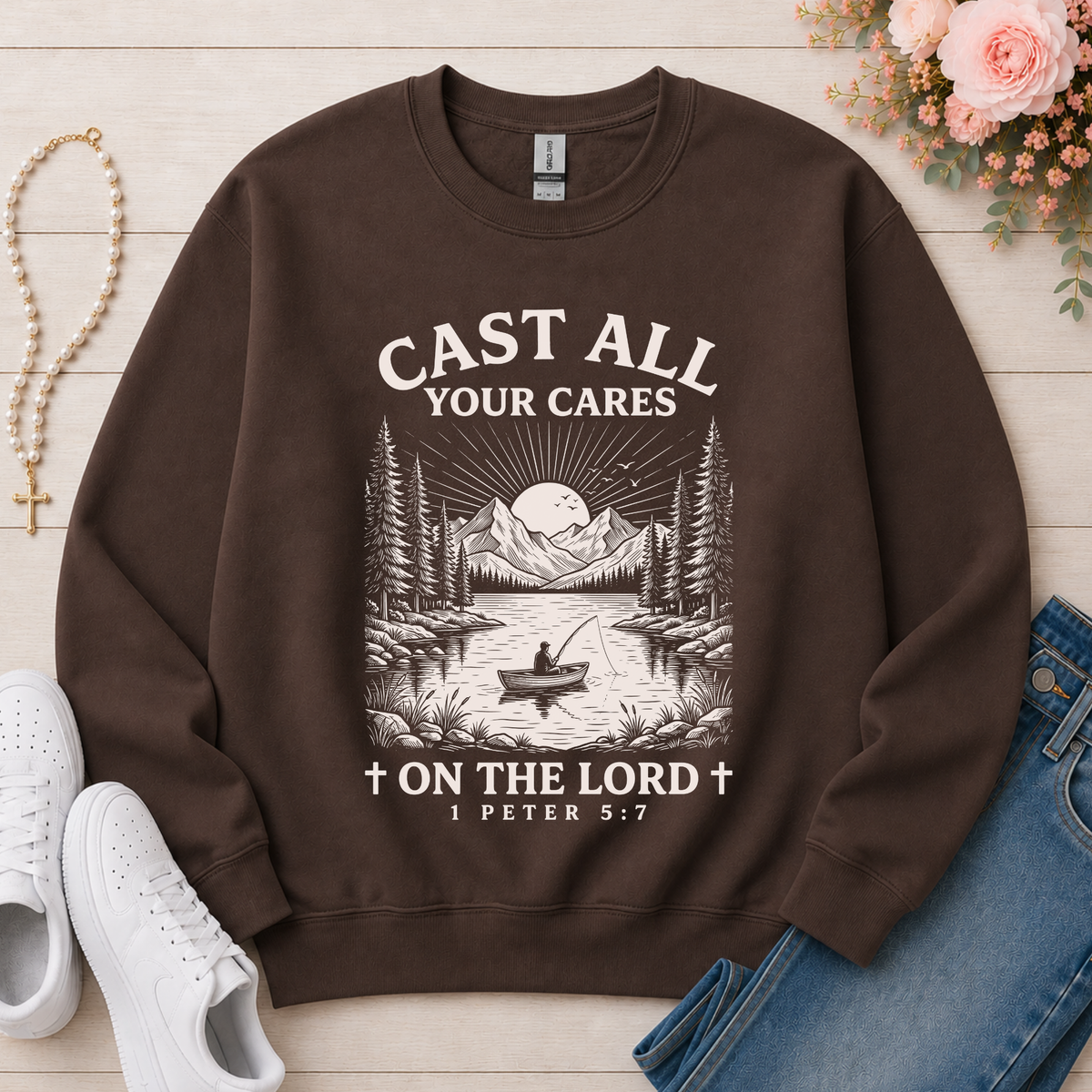 Cast All Your Cares On The Lord Christian sweatshirt in Dark Chocolate