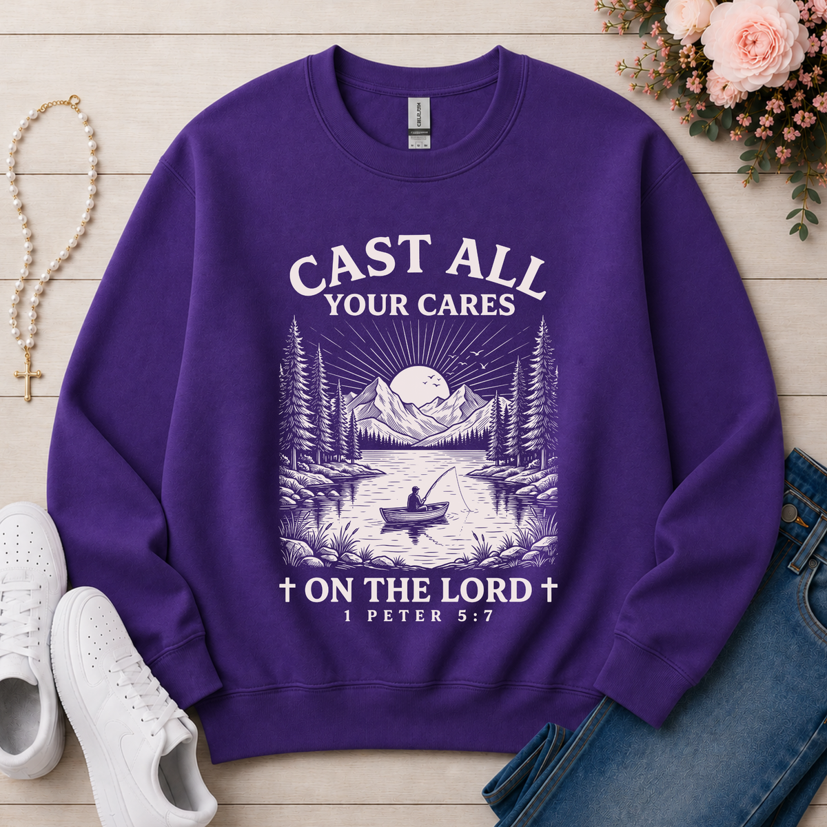 Cast All Your Cares On The Lord Christian sweatshirt in Purple