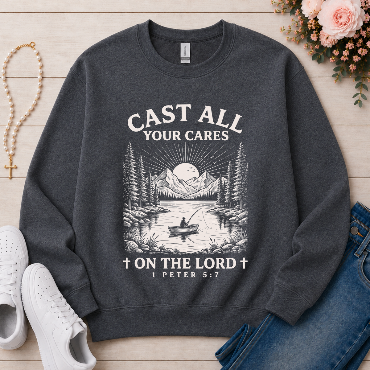 Cast All Your Cares On The Lord Christian sweatshirt in Dark Heather