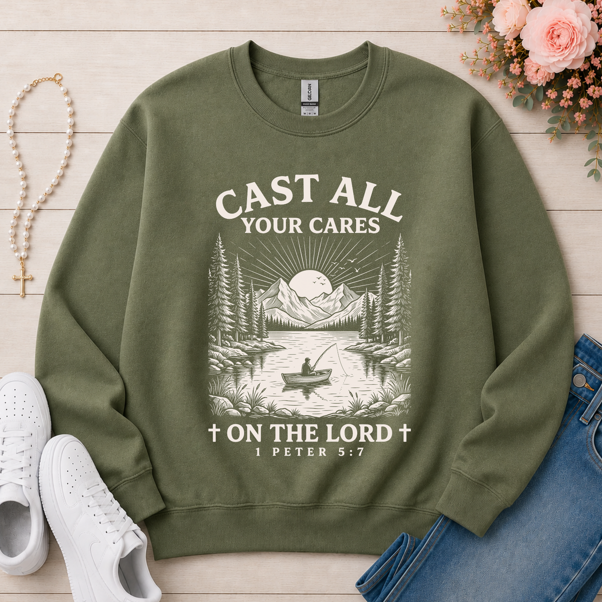 Cast All Your Cares On The Lord Christian sweatshirt in Military Green