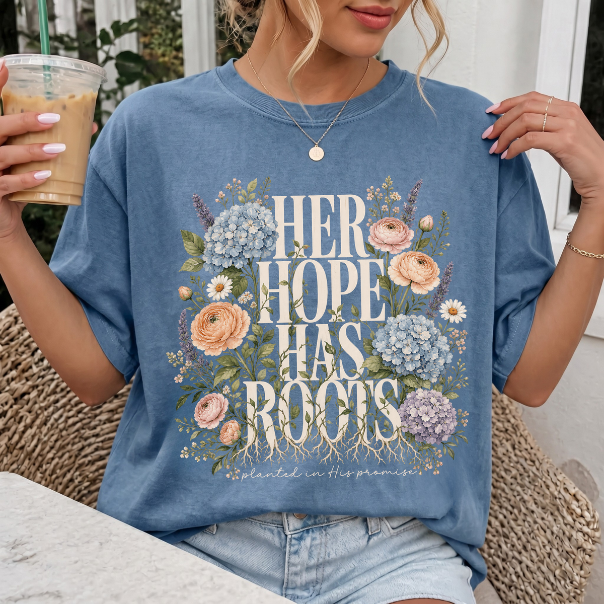 Woman wearing Her Hope Has Roots Christian Comfort Colors T-Shirt in Blue Jean