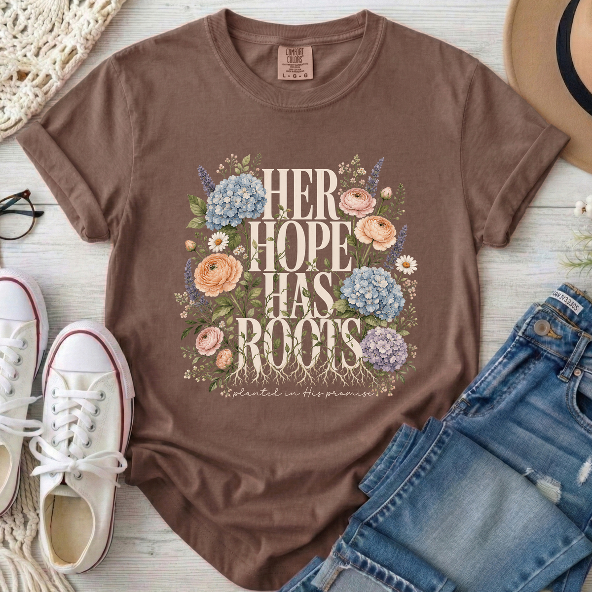 Her Hope Has Roots Christian Comfort Colors T-Shirt in Espresso