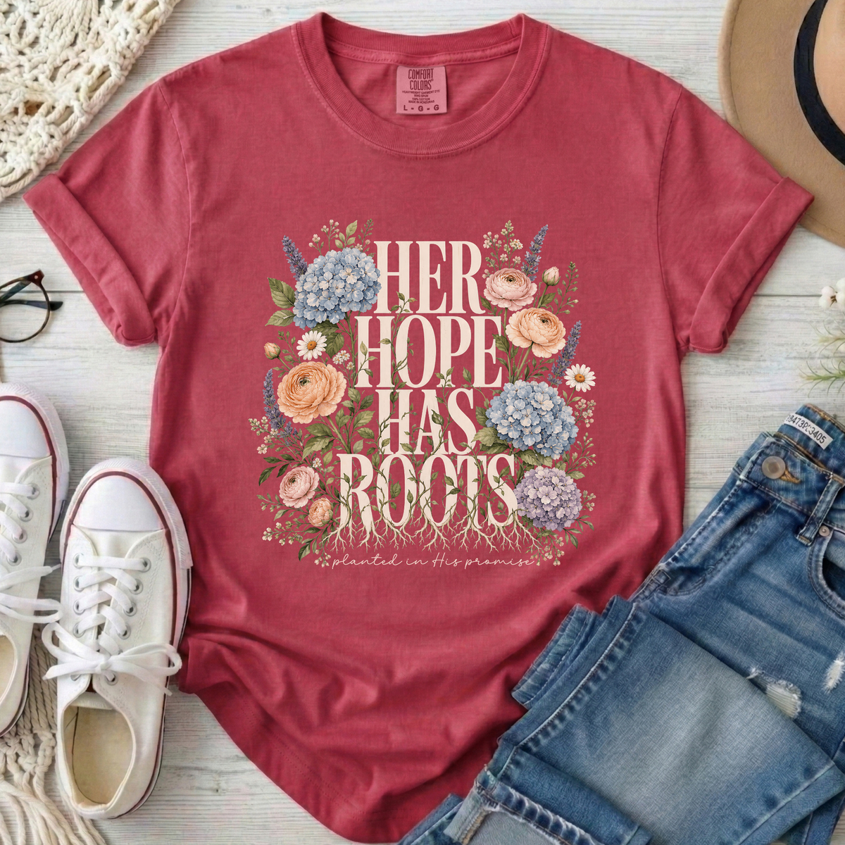 Her Hope Has Roots Christian Comfort Colors T-Shirt in Crimson
