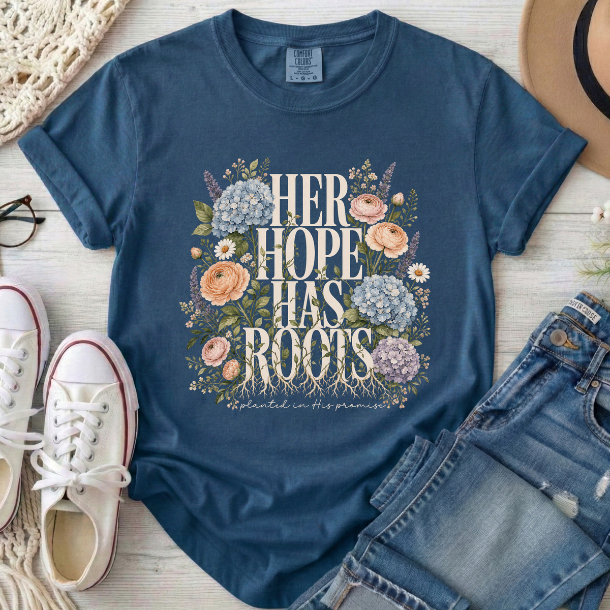 Her Hope Has Roots Christian Comfort Colors T-Shirt in Midnight