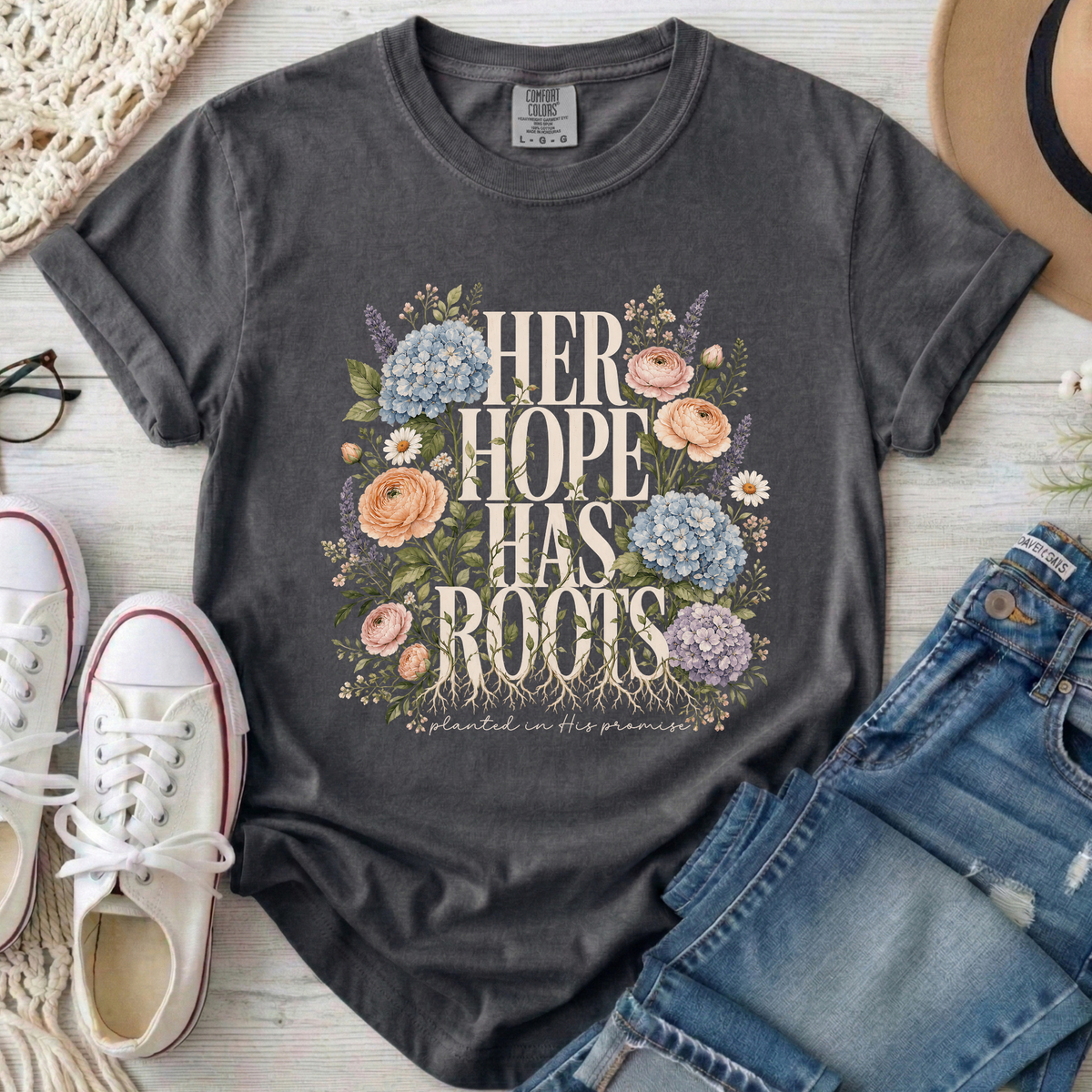 Her Hope Has Roots Christian Comfort Colors T-Shirt in Pepper