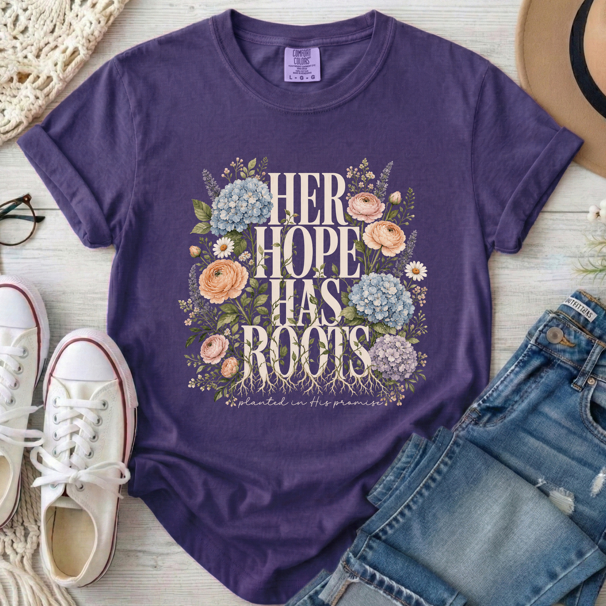 Her Hope Has Roots Christian Comfort Colors T-Shirt in Grape