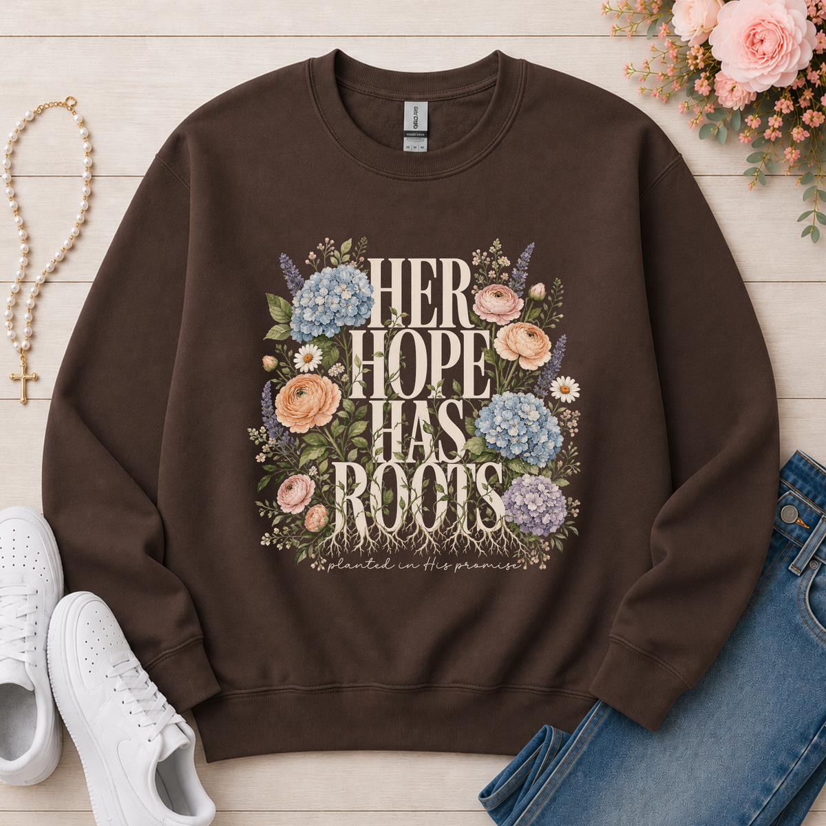 Her Hope Has Roots Christian Crewneck Sweatshirt in Dark Chocolate