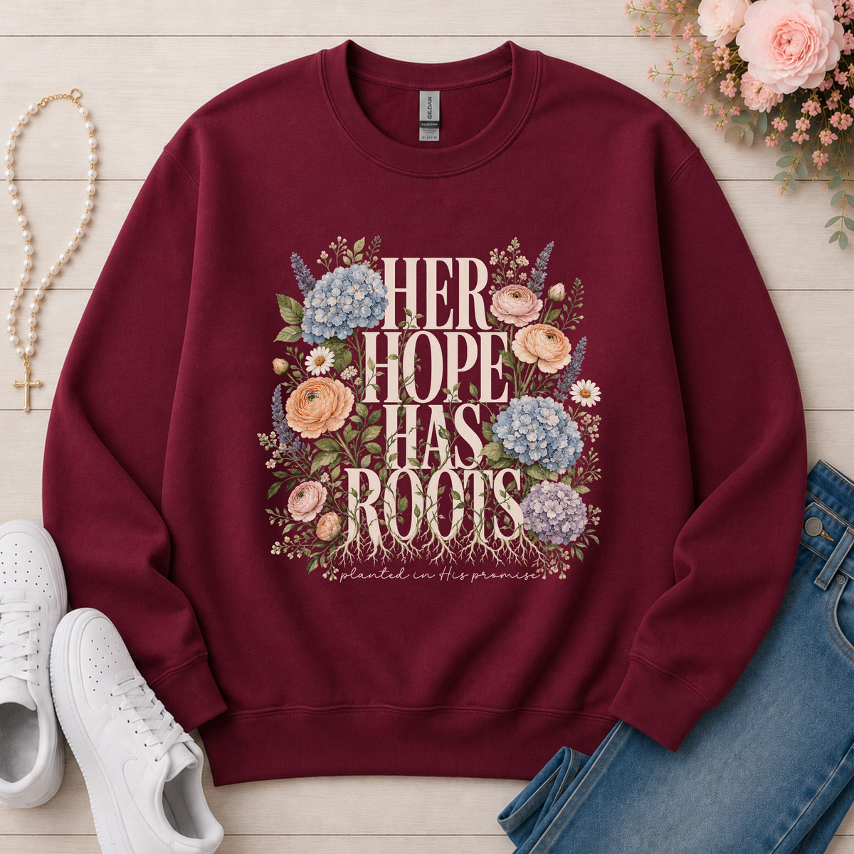 Her Hope Has Roots Christian Crewneck Sweatshirt in Maroon