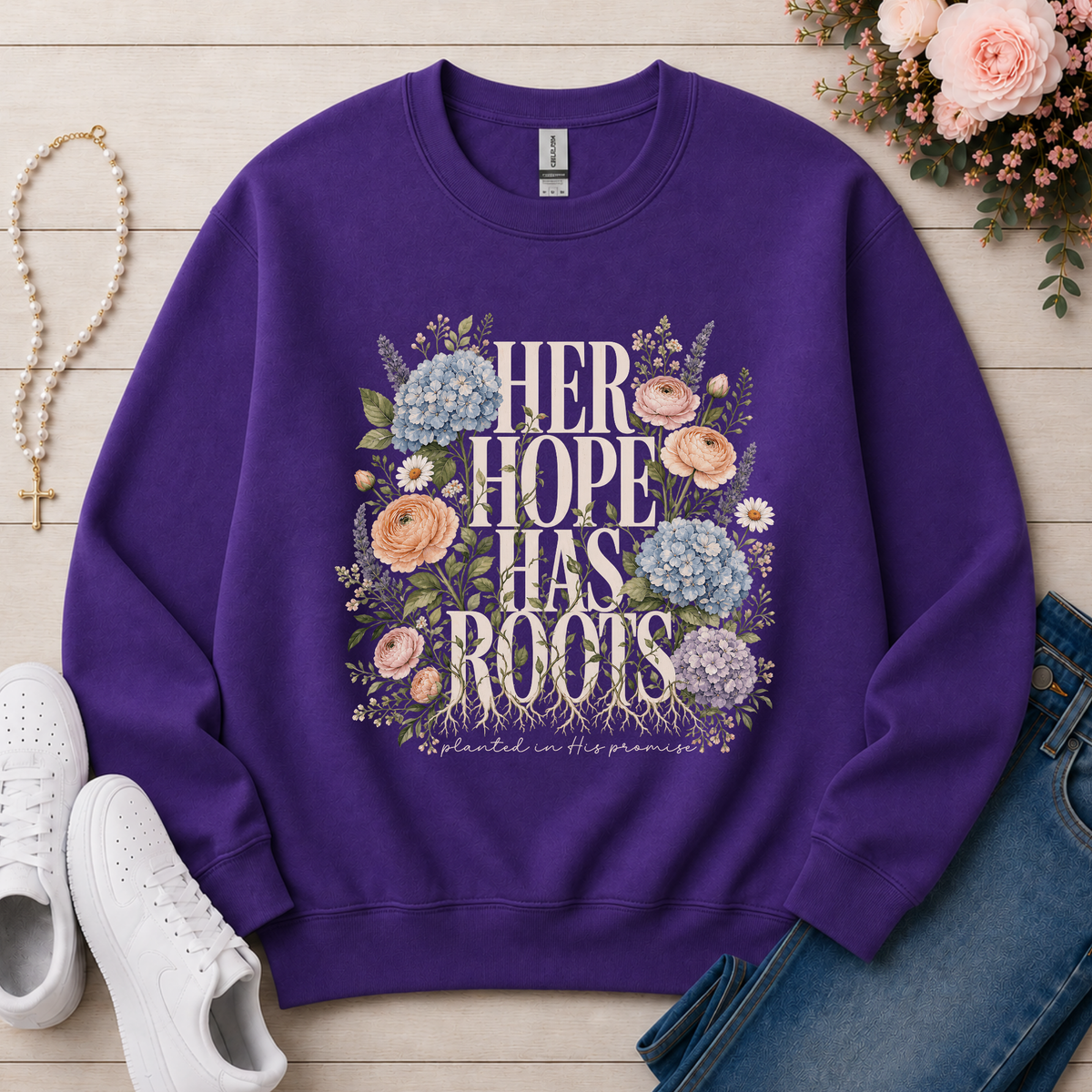 Her Hope Has Roots Christian Crewneck Sweatshirt in Purple