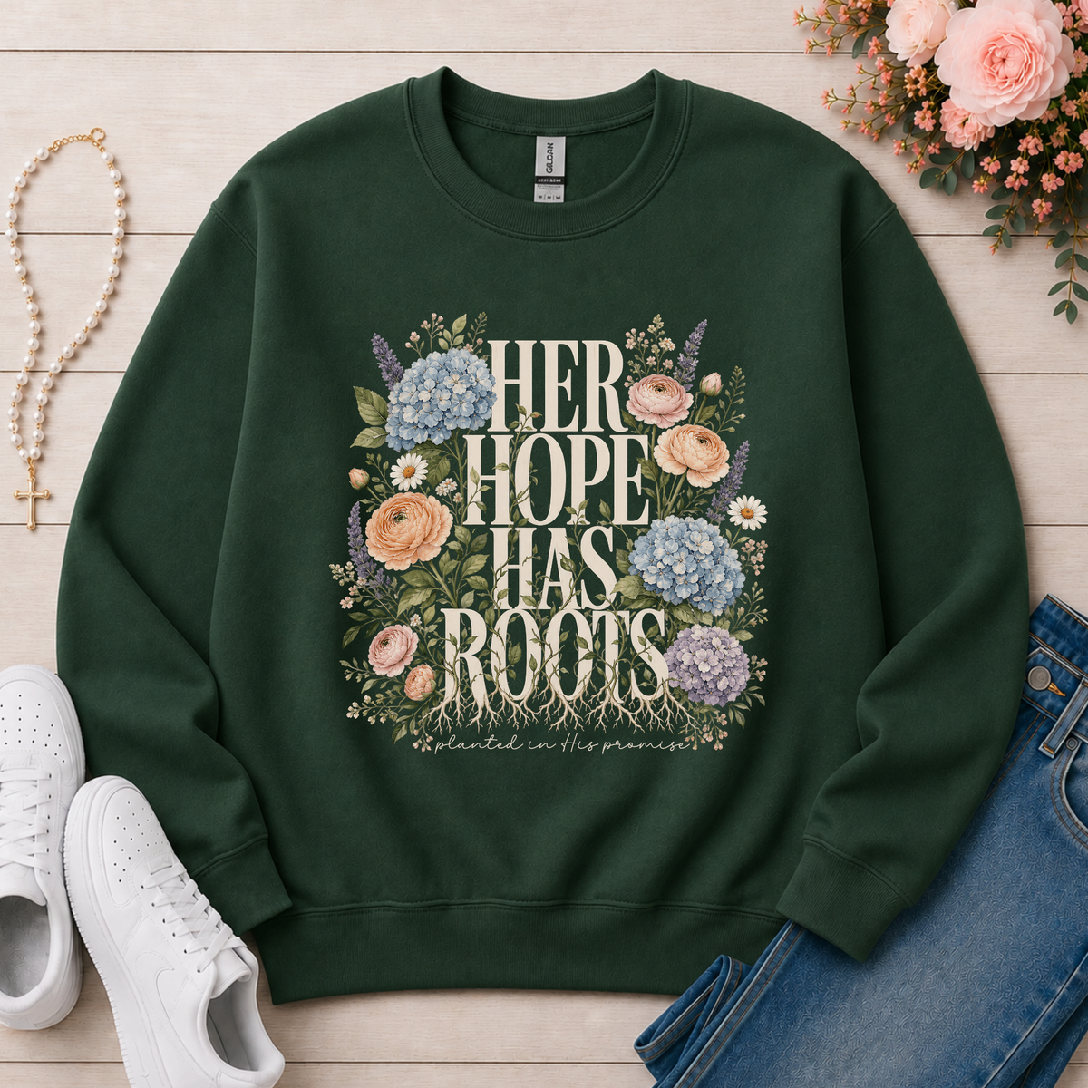 Her Hope Has Roots Christian Crewneck Sweatshirt in Forest Green