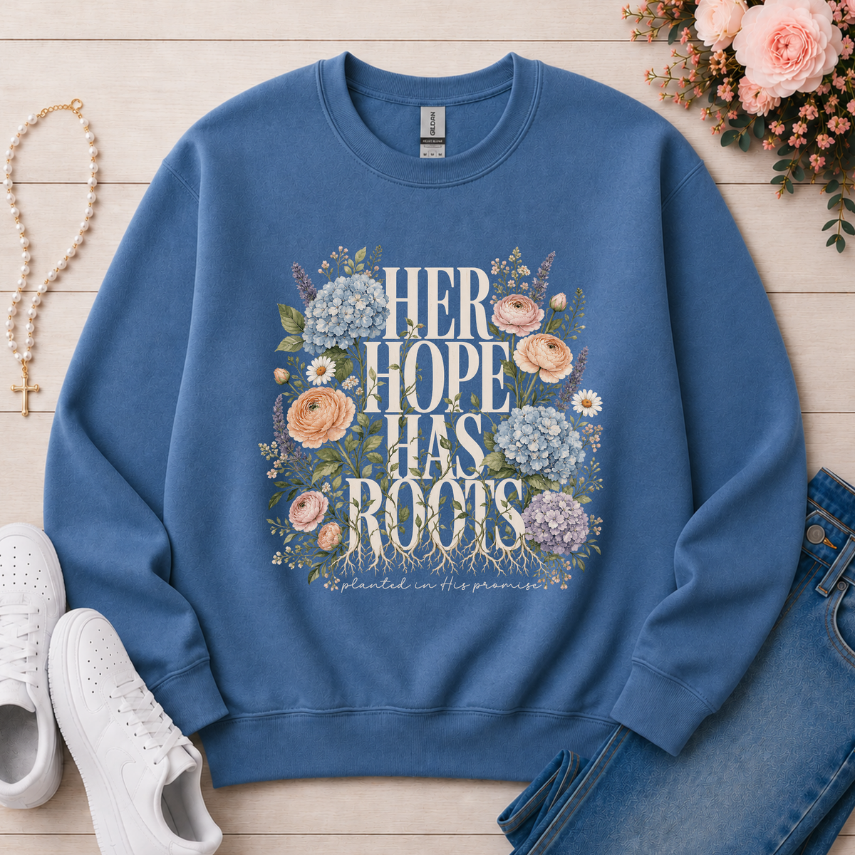 Her Hope Has Roots Christian Crewneck Sweatshirt in Indigo Blue