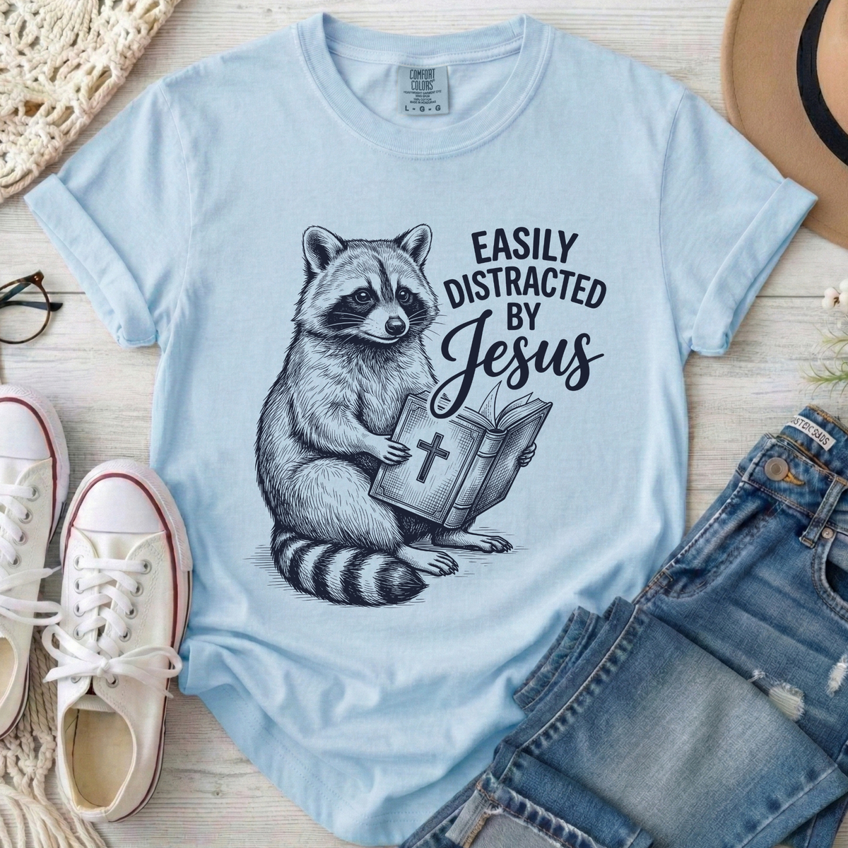 Easily Distracted By Jesus Christian Comfort Colors T-Shirt in Chambray