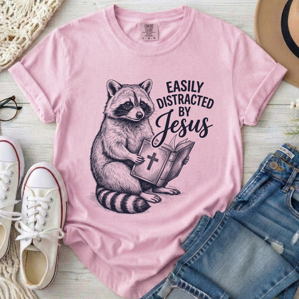Easily Distracted By Jesus Christian Comfort Colors T-Shirt in Blossom