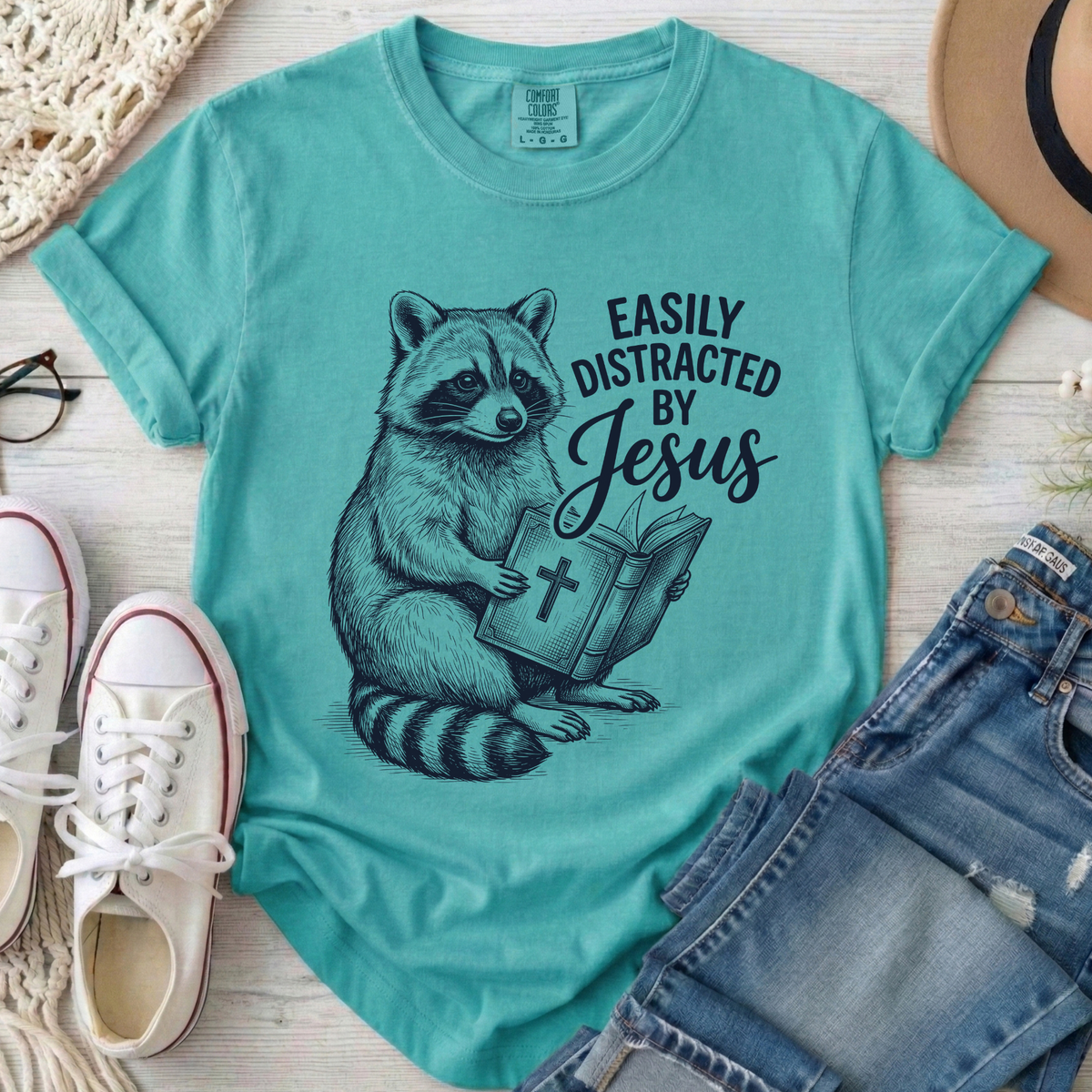 Easily Distracted By Jesus Christian Comfort Colors T-Shirt in Seafoam