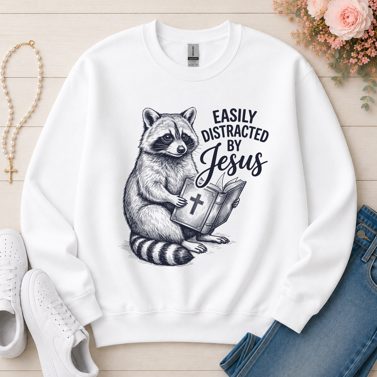 Easily Distracted By Jesus Christian Crewneck Sweatshirt in White