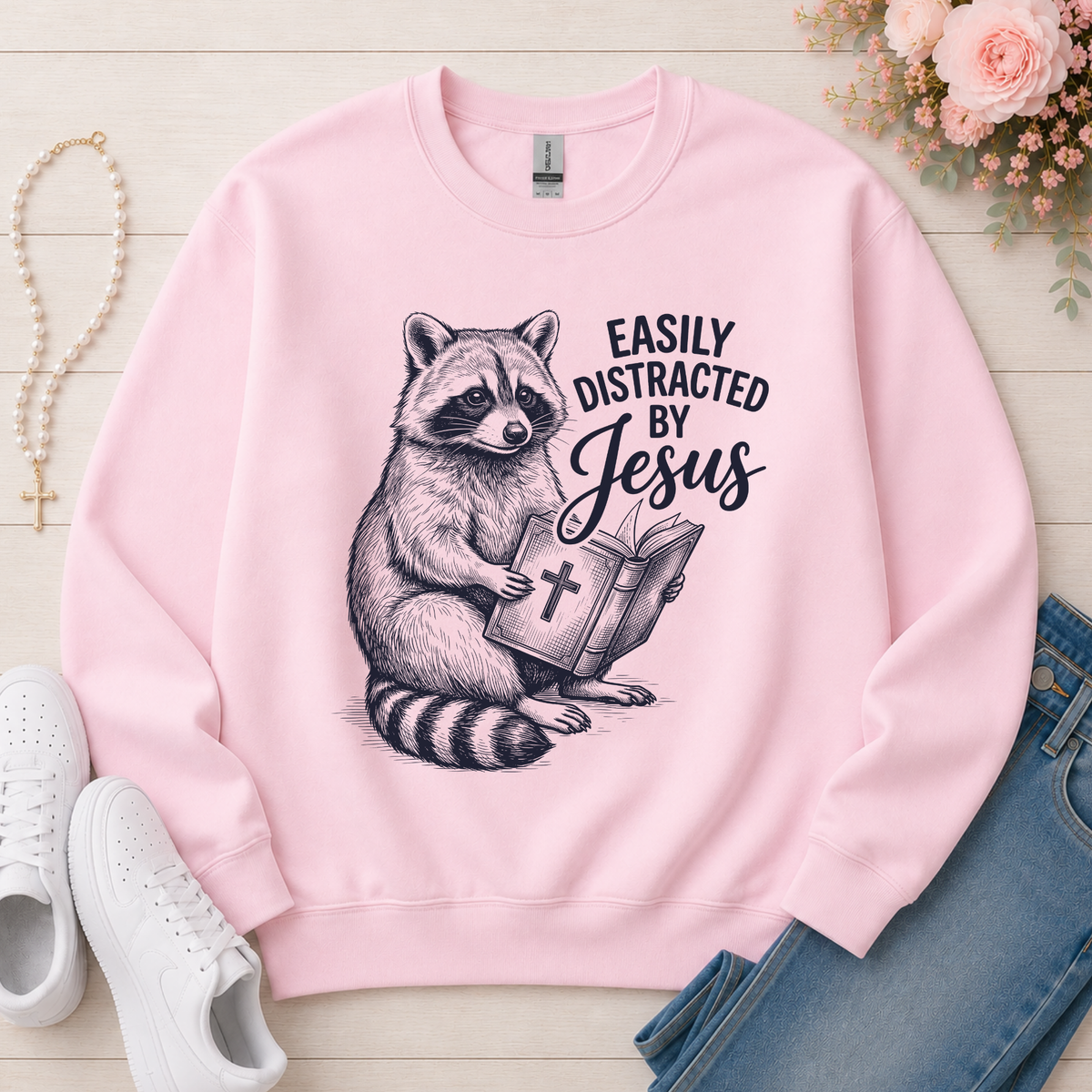 Easily Distracted By Jesus Christian Crewneck Sweatshirt in Light Pink