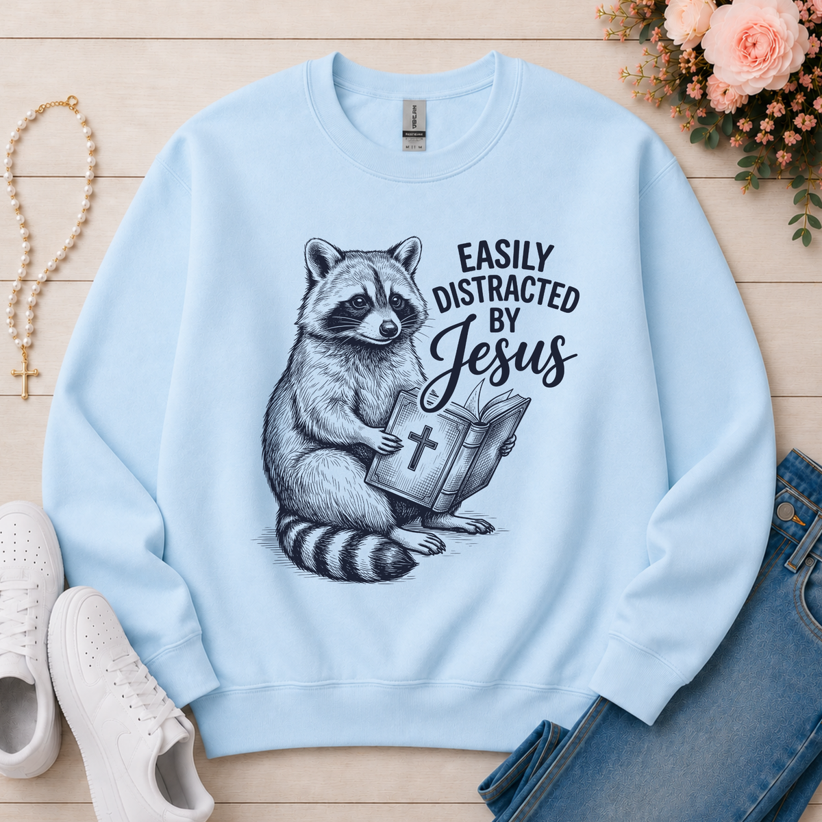 Easily Distracted By Jesus Christian Crewneck Sweatshirt in Light Blue