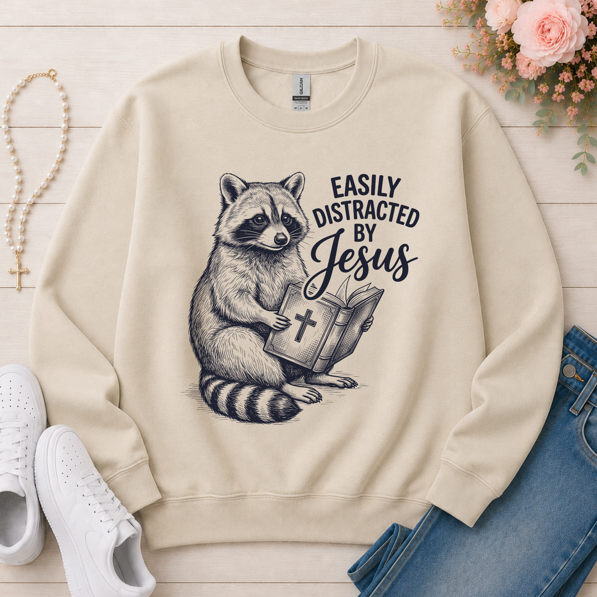 Easily Distracted By Jesus Christian Crewneck Sweatshirt in Sand