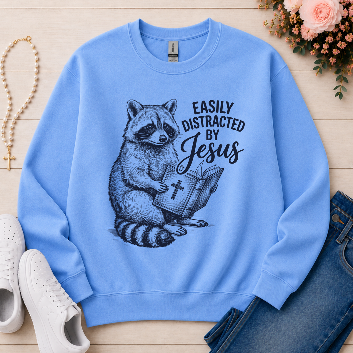 Easily Distracted By Jesus Christian Crewneck Sweatshirt in Carolina Blue