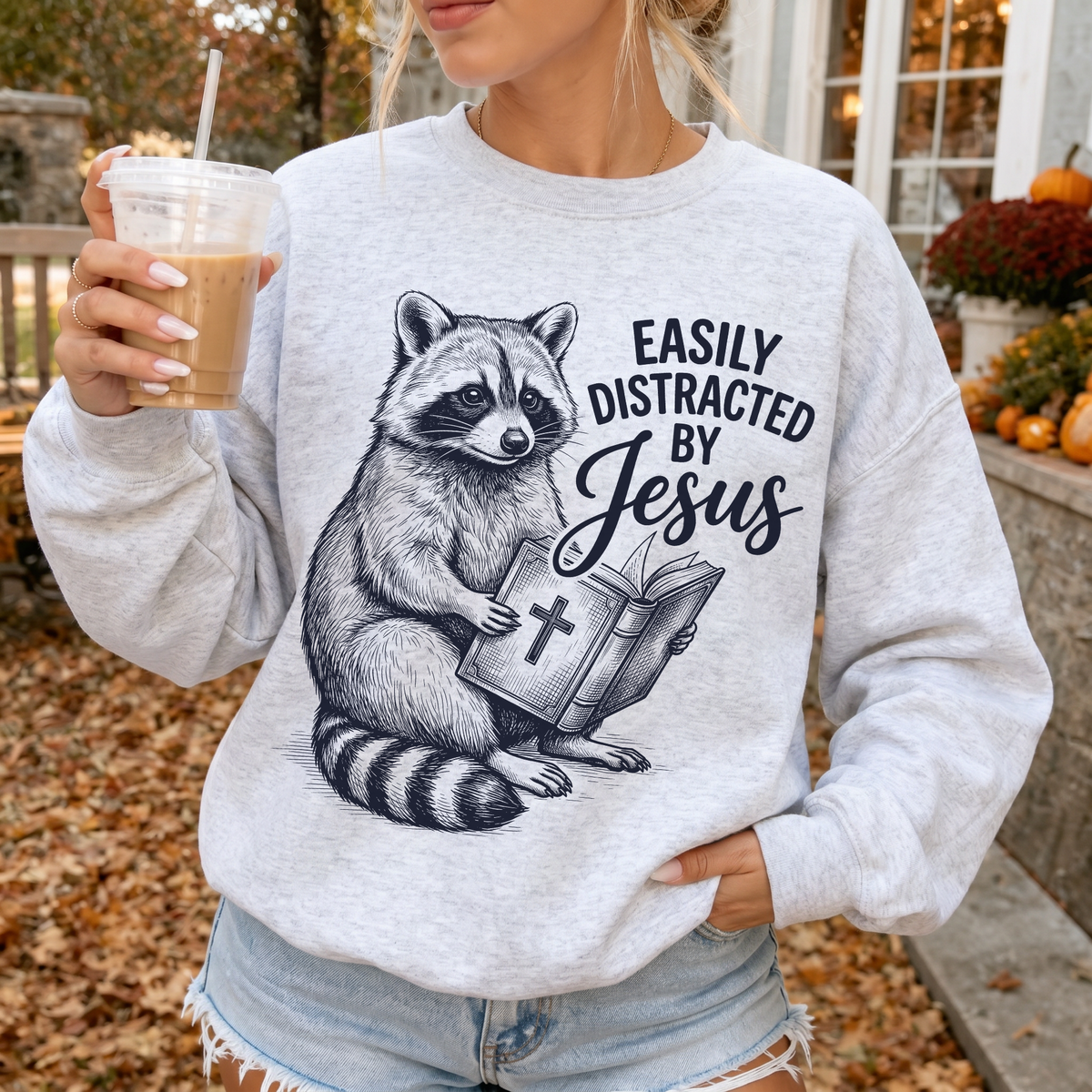 Woman wearing Easily Distracted By Jesus Christian Crewneck Sweatshirt in Ash