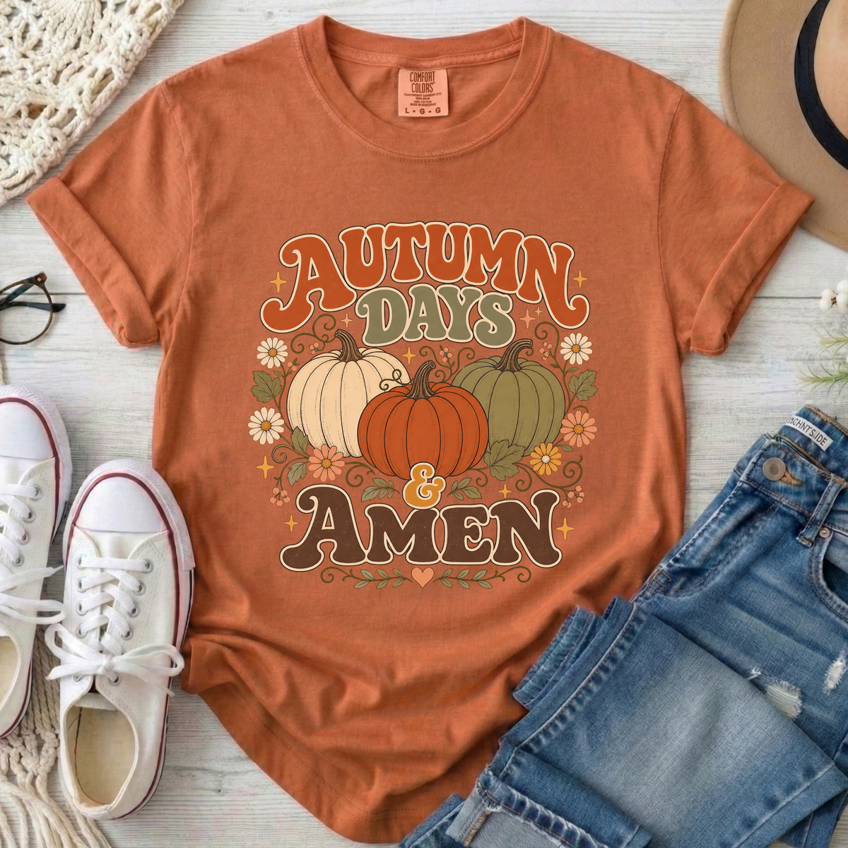 Autumn Days & Amen Christian Comfort Colors T-Shirt in Yam