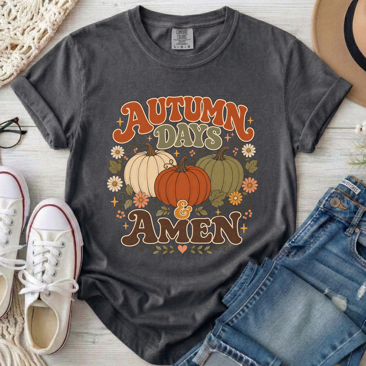 Autumn Days & Amen Christian Comfort Colors T-Shirt in Pepper