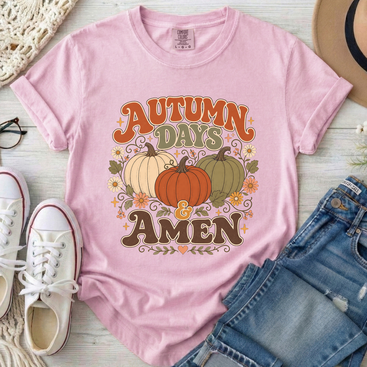 Autumn Days & Amen Christian Comfort Colors T-Shirt in Blossom