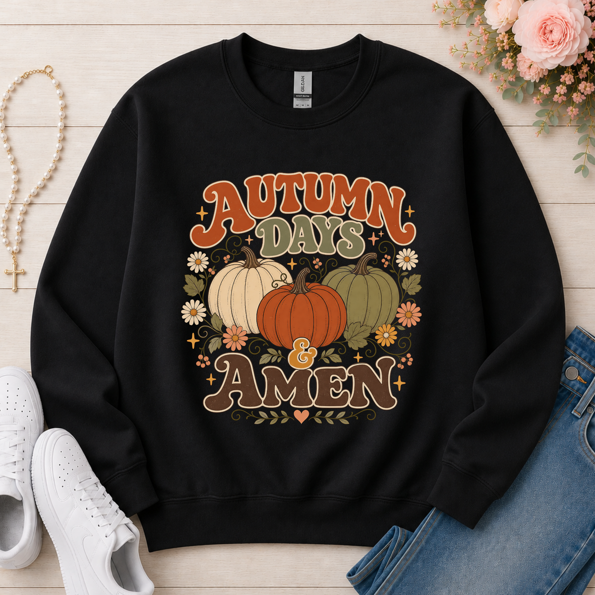 Autumn Days & Amen Christian Crewneck Sweatshirt in Black