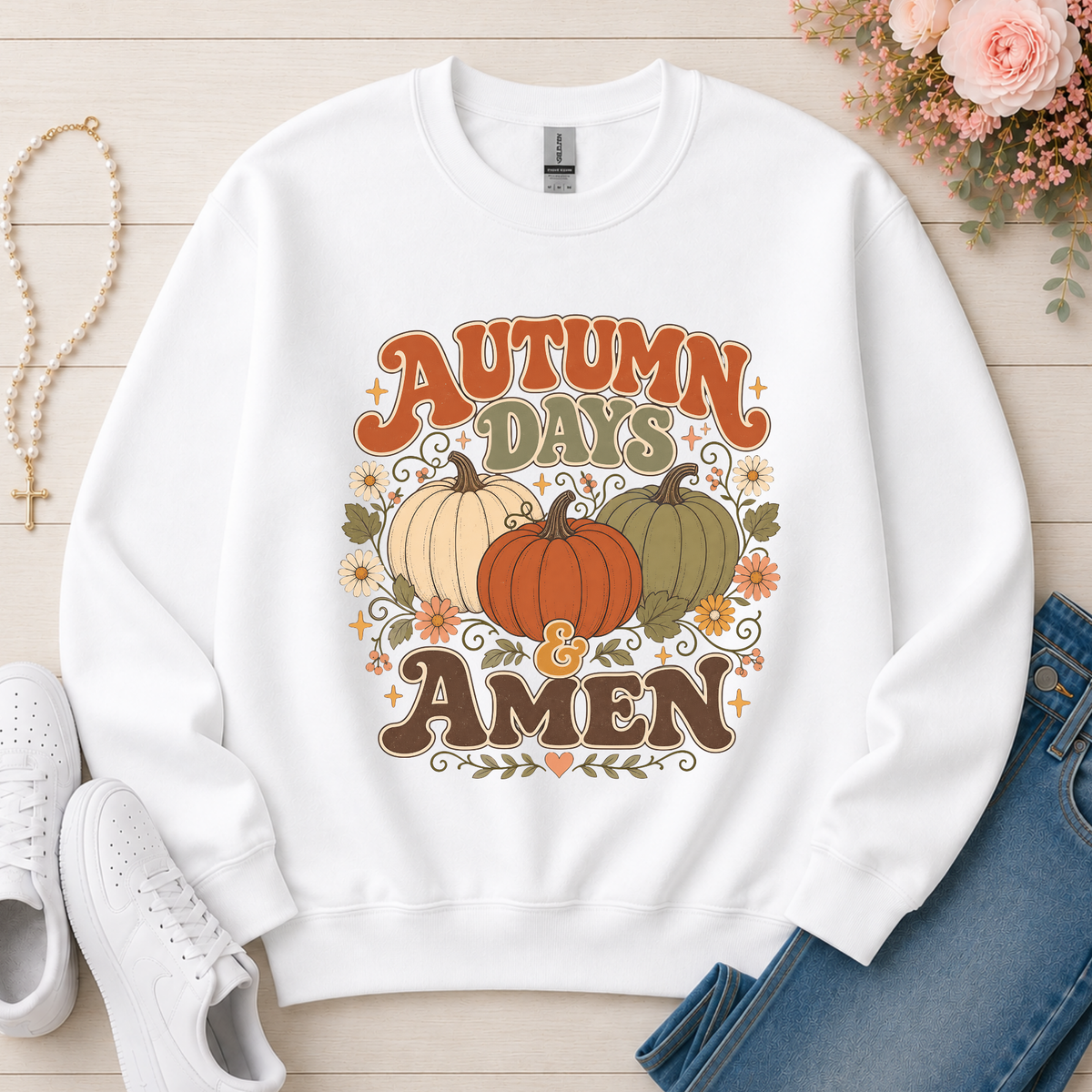 Autumn Days & Amen Christian Crewneck Sweatshirt in White
