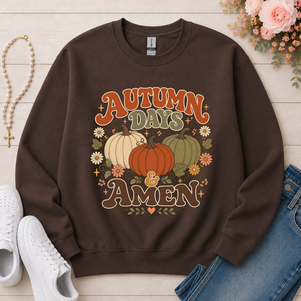 Autumn Days & Amen Christian Crewneck Sweatshirt in Dark Chocolate