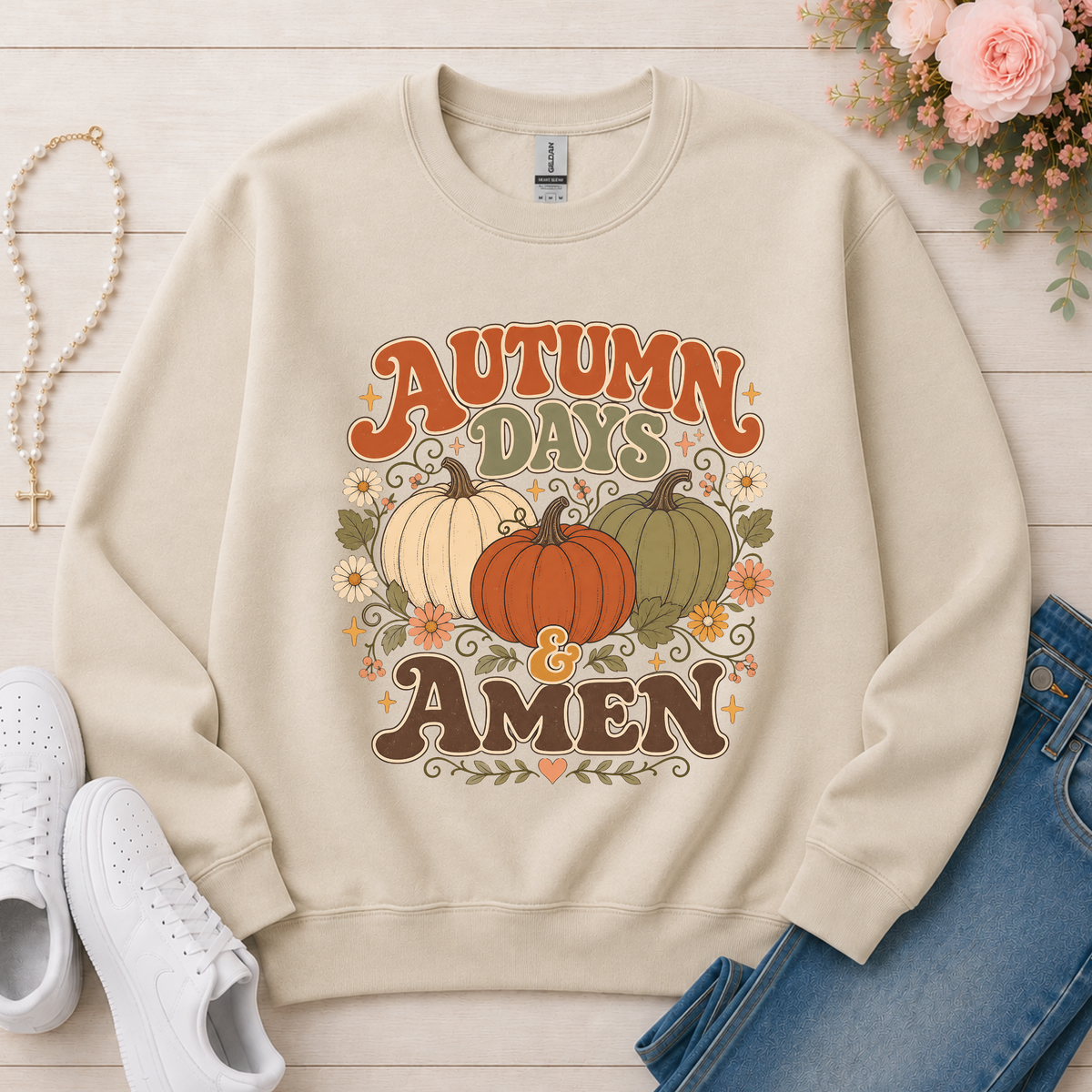 Autumn Days & Amen Christian Crewneck Sweatshirt in Sand