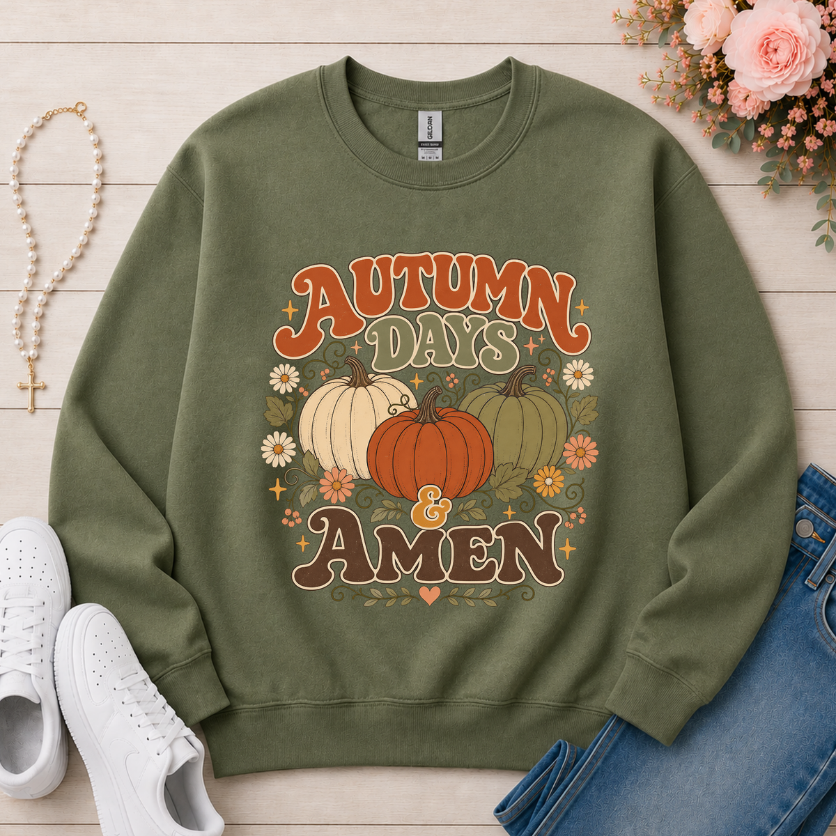 Autumn Days & Amen Christian Crewneck Sweatshirt in Military Green