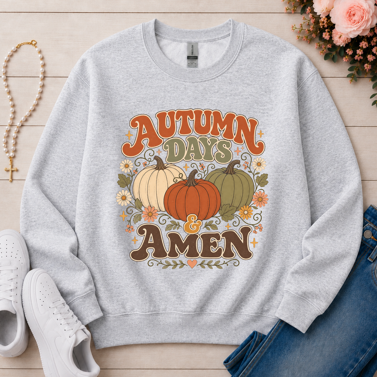 Autumn Days & Amen Christian Crewneck Sweatshirt in Ash