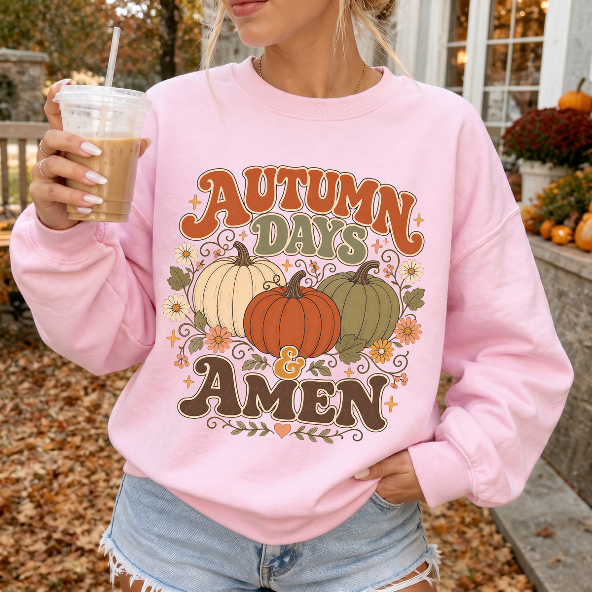 Woman wearing Autumn Days & Amen Christian Crewneck Sweatshirt in Light Pink