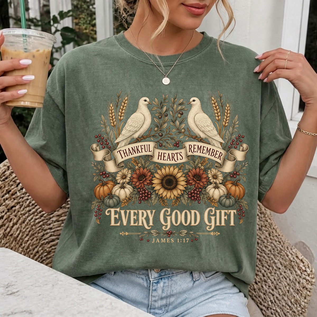 Woman wearing Thankful Hearts Remember Every Good Gift Christian Comfort Colors T-Shirt in Moss