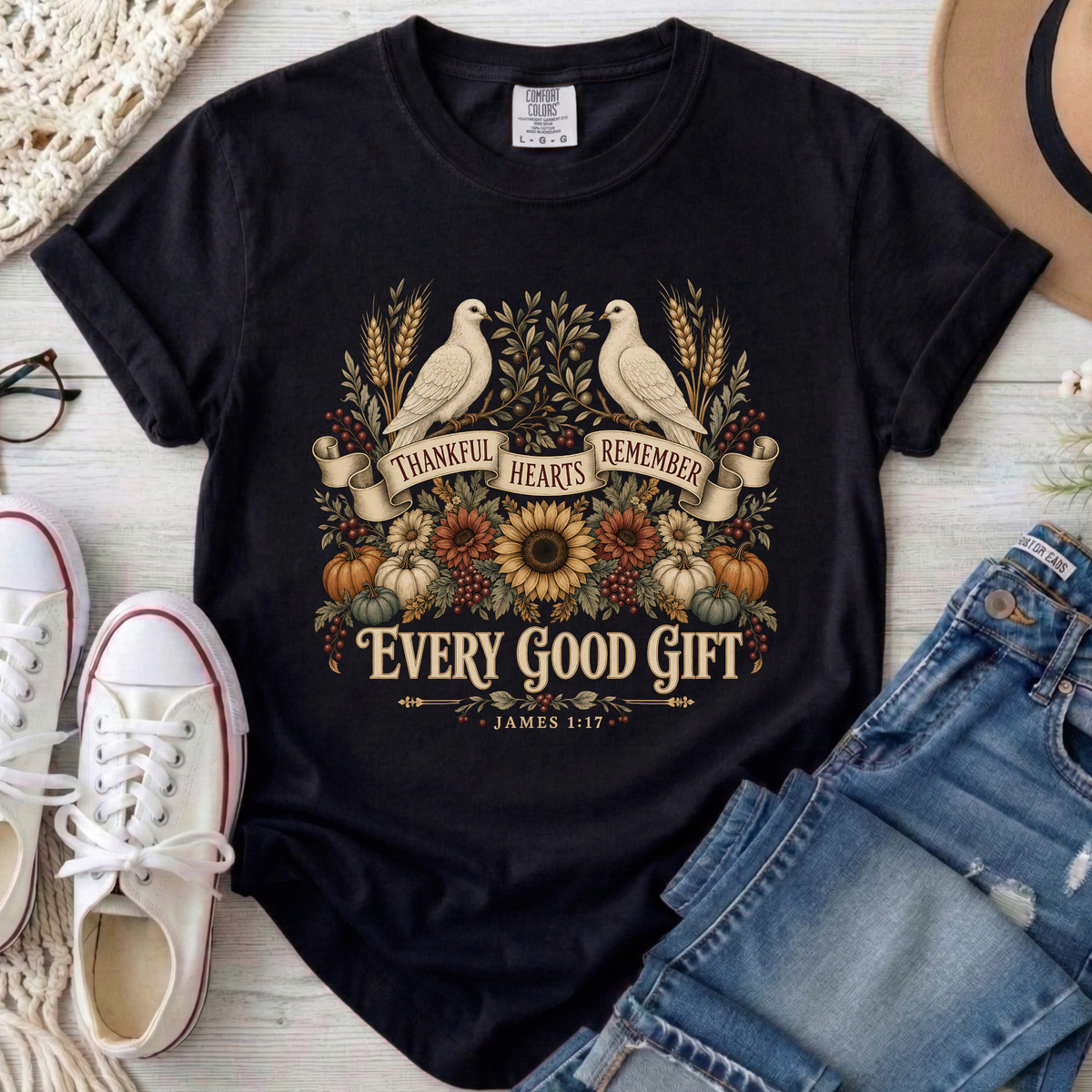 Thankful Hearts Remember Every Good Gift Christian Comfort Colors T-Shirt in Black