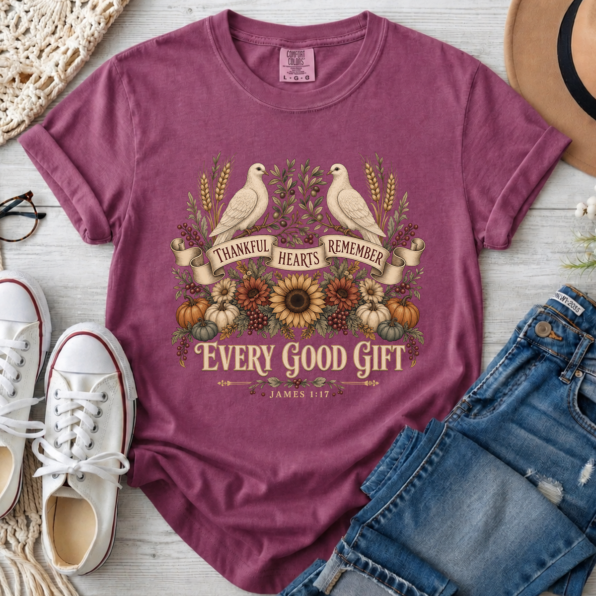 Thankful Hearts Remember Every Good Gift Christian Comfort Colors T-Shirt in Berry